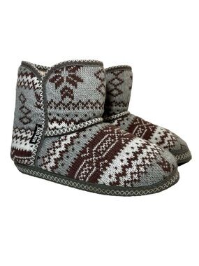 The Original Muk Luks Knit Bootie Slippers Grey Plum Medium 7-8